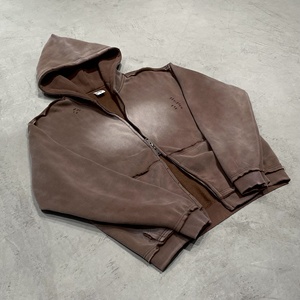 Custom Heavy Weight Double Zipper-up <b>Hoodie</b> Black Vintage Distressed Streetwear Acid Wash 400GSM <b>Hoodie</b> Blank Hoodies for <b>Men</b> - Product Image 2