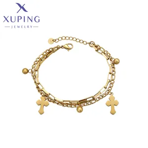 X2391823 xuping jewelry TTM 14k gold plated fashion cool three-dimensional square cross ball stainless steel chains bracelet