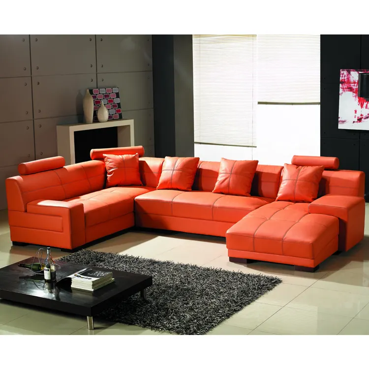 Manufacturer Italian orange leather corner sofas living room set coffee table 7 seats chaise l shaped modular sofa