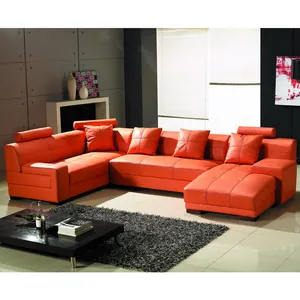 Hersteller italienische orange Leder Eck sofas Wohnzimmer Set Couch tisch 7 Sitze Chaiselongue l-förmiges modulares Sofa