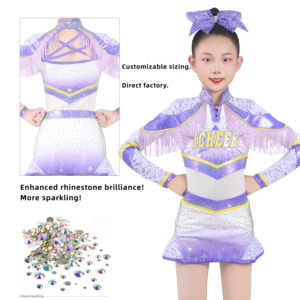 Fantasia de Dança para Meninas, Uniformes de Cheerleading com Strass Brilhantes, Vestido de Cheerleader com Manga Longa em Patchwork Metálico - Product Image 3