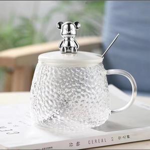 Tasse à café en verre mignonne grande capacité avec poignée et couvercle en silicone 3D motif ours – Offre spéciale - Product Image 1