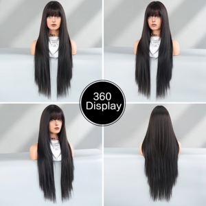 Nouvelle perruque longue et droite noire pour femmes, perruque synthétique résistante à la chaleur avec <span class=keywords><strong>frange</strong></span>, idéale pour le quotidien et le cosplay, effet cheveux naturels. - Product Image 5