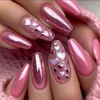 Kuku Palsu Hari Valentine dengan Desain Hati Mawar Romantis, 24Pcs Kuku Palsu Mewah Buatan Tangan Tipis Panjang & Perlengkapan Alat Gratis