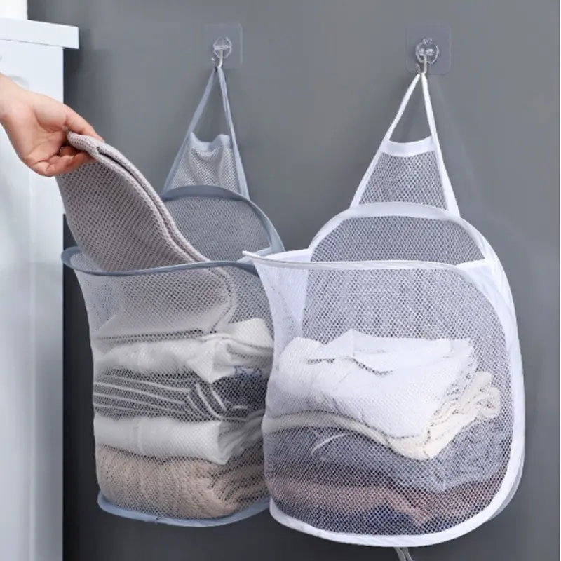 ROBBEN Home necessities large capacity woven clothing foldable organizer hanging basket mesh laundry storage bag for clothes
