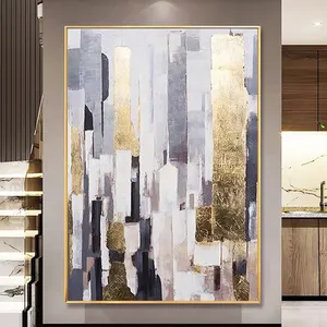 Individuelles 100 % handbemaltes abstraktes modernes Ölgemälde auf Leinwand grau goldfolie kunstwerk Wandkunst für Zuhause Hotel Dekor Großhändler