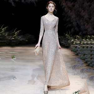 Evening Gown With Gold <b>Sequins</b> V Neck Sheath Satin Long Dress For Formal Events - Product Image 2