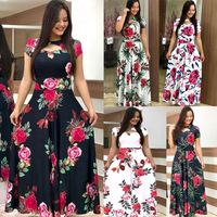 Robe Longue Maxi Décontractée Grande Taille Femme, Col Évidé à Manches Courtes, Imprimé Floral pour l'Été