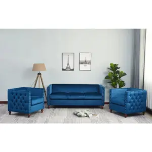 Top grade Dongguan factory brown wooden leg tufted hand-applied nailhead 3seater 2 chairs Blue tufted sofa sets