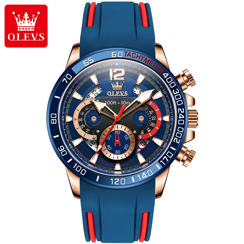 OLEVS 9936 Nouveau bracelet en silicone bleu montre-bracelet multifonction pour hommes Montre de sport à quartz étanche pour hommes Calendrier lumineux Logo