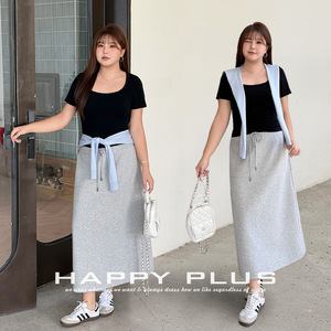 Jupe midi trapèze taille haute Happy Plus grise avec cordon de serrage en coton, grande taille, tenue décontractée pour femme N9492 - Product Image 1