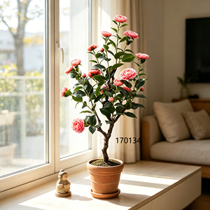Piante Finte, Albero di Camelia Artificiale <span class=keywords><strong>in</strong></span> Vaso di Ossido di Magnesio, Fiori Rosa, Boccioli Chiusi, Composizione Floreale Finta <span class=keywords><strong>in</strong></span> Vaso per Arredamento d'Interni - Product Image 1