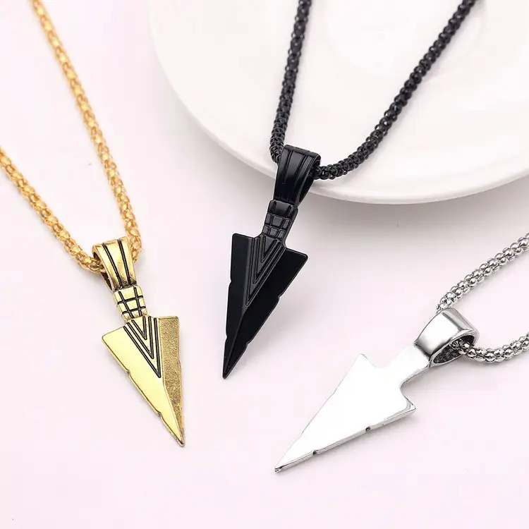 Personality Punk Style Vintage Gold Plated Geometric Triangle Arrow Pendant necklace With Chunky Chain For Unisex