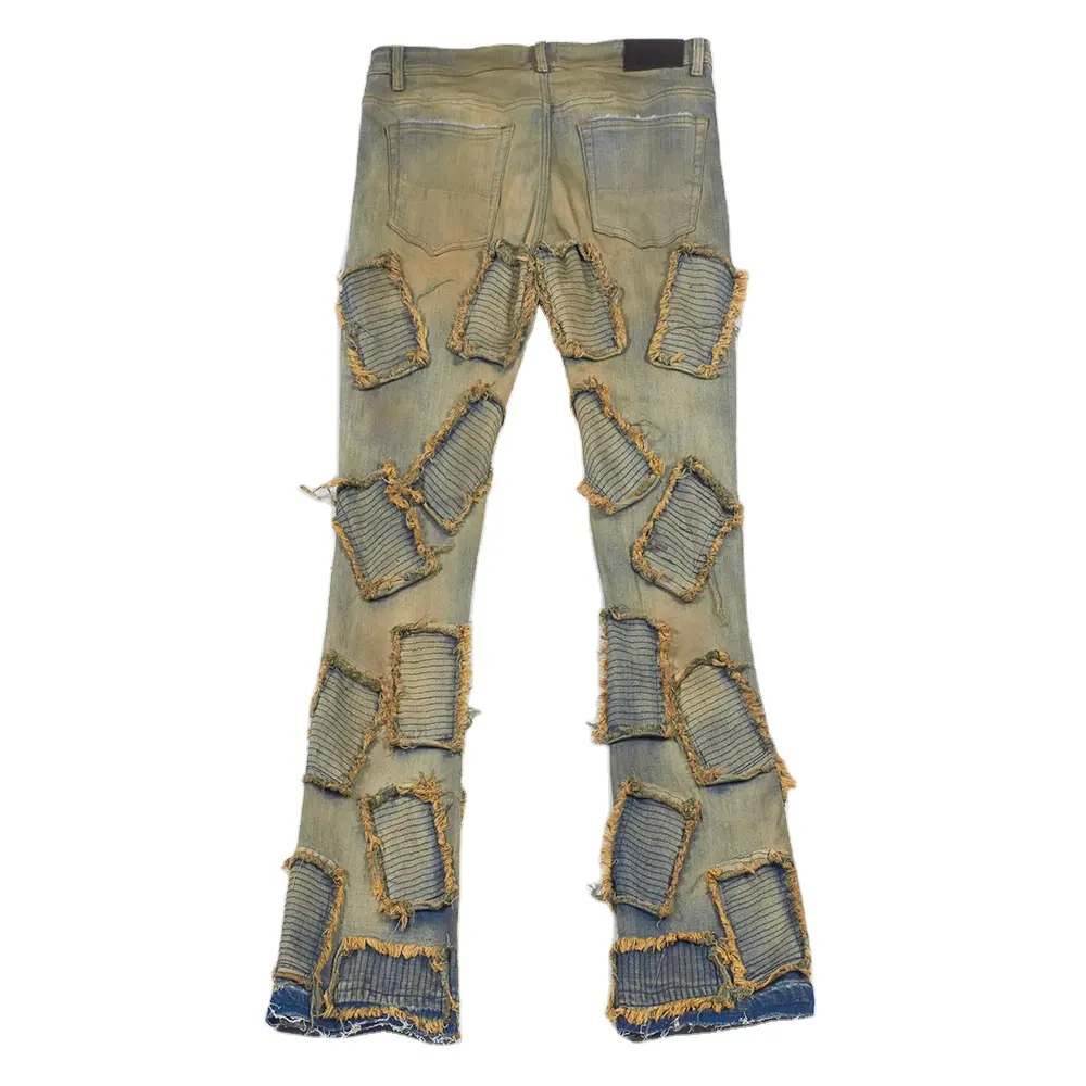Özel erkekler Vintage Denim Hip Hop yıkanmış işlemeli sıkıntılı pantolon Flare yığılmış kot