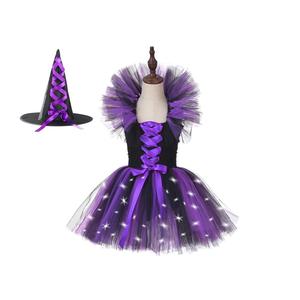 Vente en gros de costumes d'Halloween sorcière pour filles, nouvelle robe de sorcière avec lumières LED, chapeau de sorcière pour enfants - Product Image 1