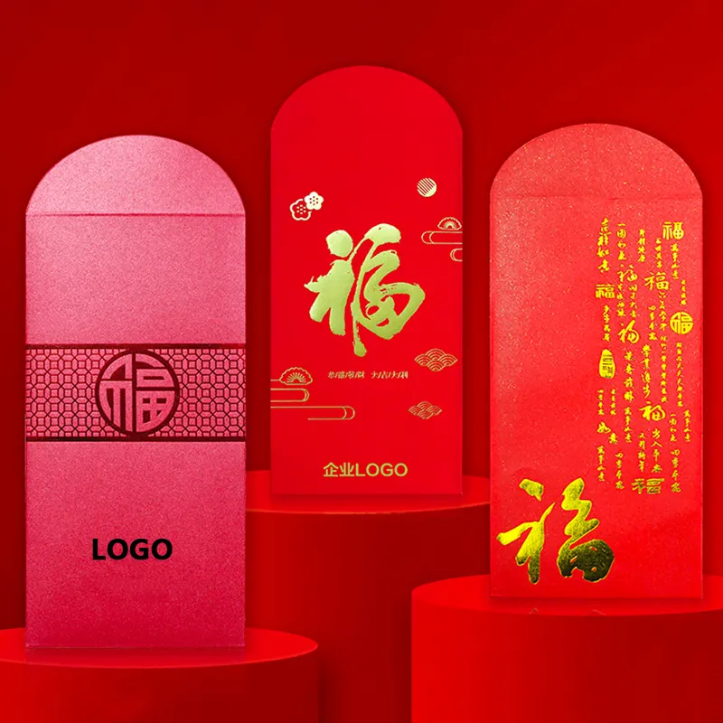 Carta di lusso personalizzata stampata 2024 del nuovo anno cinese Hong Bao portafoglio busta regalo pacchetto rosso con Logo lamina d'oro in rilievo