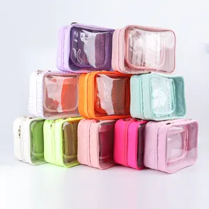 DIY Colorful Handle Toiletry Bag Travel Storage Makeup Organizer Waterproof Nylon Cosmetic Bags Transparent PVC Clear Makeup Bag