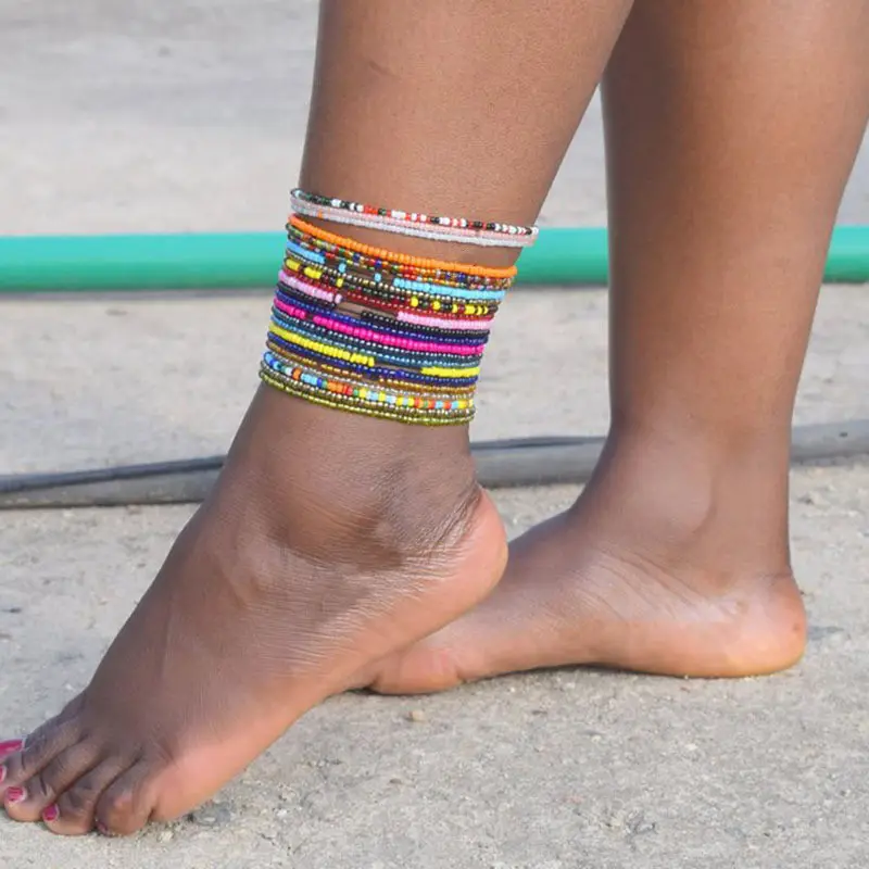 Conjunto de tornozeleira africana, tornozeleira frisada elástica e colorida para praia
