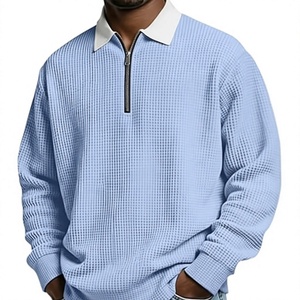 Men's Light Blue Knitted Quarter <b>Zip</b> Pullover Long Sleeve Casual <b>Shirt</b> Turn-down Collar Solid Color Autumn Wear - Product Image 1
