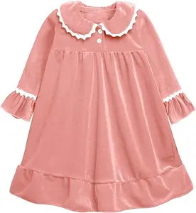 Factory price kids girls gown dresses long sleeves solid pink velvet dresses baby girls boutique vintage clothing