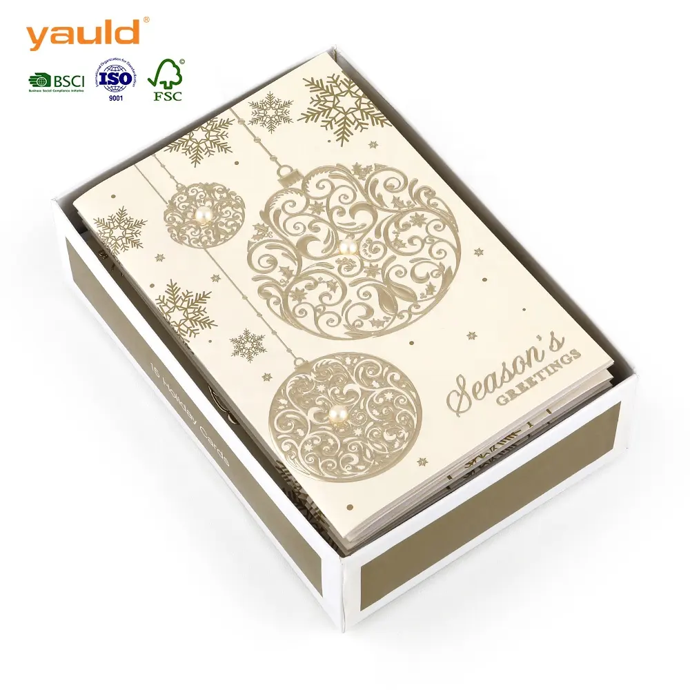 Fabricant En Gros Personnalisé Maison Feuille D'or De Luxe Vacances Joyeux Noël Cartes de Vœux En Boîte avec Enveloppes Ensemble