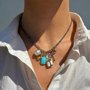 Yeni stil Vintage altın kaplama geometrik cam Birthstone Hoop kolye kalp biber yuvarlak kolye kadınlar için parti - Product Image 4