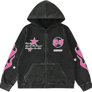 Sweat à capuche pour homme, effet délavé, fermeture éclair, manches longues, épaules tombantes, avec poches - Product Image 1