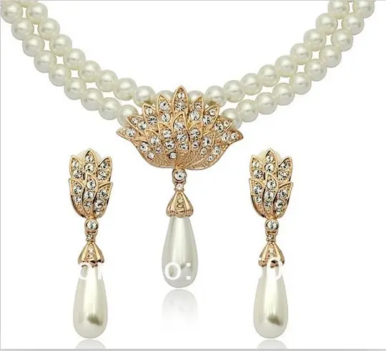 Hai lớp thủy tinh ngọc trai hợp kim Rhinestone đồ trang sức cao cấp bán buôn cô dâu Vòng cổ bông tai hạt Bộ đồ trang sức cho phụ nữ