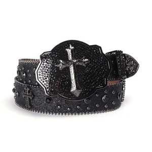 Custom Rhinestone Cross Buckle PU Leather Belt Cow Hide Vintage Style One-Piece Molding Casual Wear OEM ODM Factory - Product Image 2