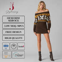 Robe pull mini Joydressing à épaules dénudées en tricot Fair Isle, jacquard géométrique marron pour femme, vente en gros, broderie personnalisée