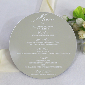 Círculo personalizado redondo plata espejo acrílico menú tarjetas blanco lámina impresión lujo DIY boda cena restaurante menús - Product Image 5