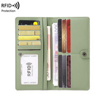 Dompet Panjang Tipis Kulit PU Anti RFID untuk Wanita, Tempat Kartu Kredit Ultra Tipis, Penutup Ritsleting, Warna Solid, Poliester