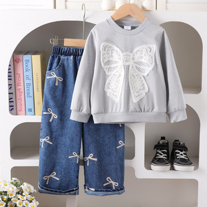 Set di Abbigliamento per Ragazze 2025 Vendita Calda su Piattaforme Transfrontaliere Stile Casual Felpa a Maniche Lunghe con Fiocco e Jeans - Product Image 2