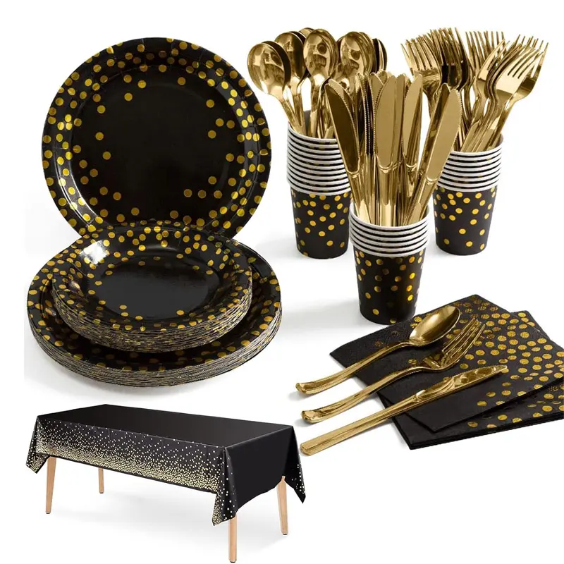 Посуда для вечеринок, черная Золотая бумажная посуда, набор включает бумажные тарелки, салфетки, бумажные стаканчики, посуда