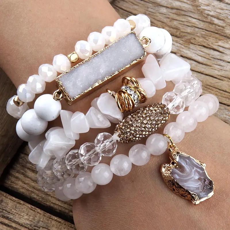 Nieuwe Boho Sieraden Natuursteen Chip Rhinestone Pave Klei Pinda Elastische Armband Onregelmatige Druzy Hanger Stack Armbanden Set