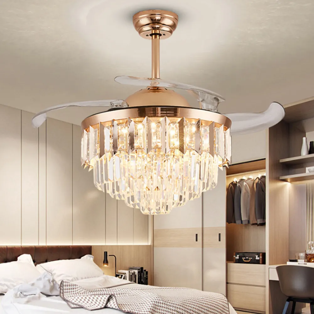 Retractable Blades Round Ceiling Fan Lamp With Dimming Led Crystal Light Modern Gold Chandelier For Bedroom Indoor Home Lighting