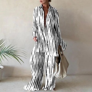 Nouveau design chemise longue ample pour femmes + pantalons longs ensemble de 2 pièces imprimé à manches longues bouton revers col hauts vacances costumes décontractés - Product Image 2