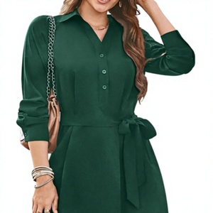Vestido Casual de Fiesta para Mujer, Holgado, Transpirable, con Cuello en V, Cinturón y Solapa, Largo hasta la Rodilla, Estampado Sólido - Product Image 1