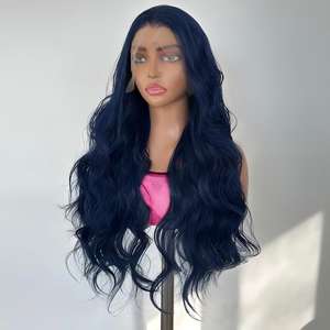 Perruque noire avec cheveux longs ondulés en fibre résistante à la chaleur, sans colle, taille 13*4, perruque synthétique en dentelle haute définition, cheveux mélangés - Product Image 1