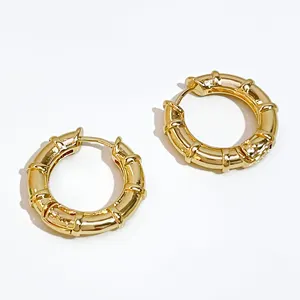 Anting-Anting Lingkaran Bambu 24Mm X 4Mm, Anting-Anting Hoop Kecil Tabung Chunky untuk Wanita, Anting Antik Berlapis Emas 18K Perhiasan Natal