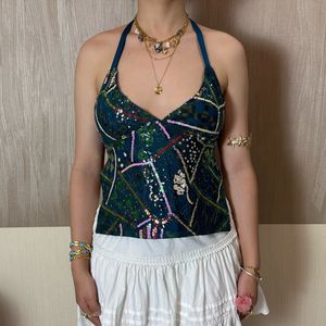Camisole Y2K à sequins pour femme, sexy, dos ouvert, bretelles à nouer, décontractée pour les vacances et les sorties, tricotée, courte - Product Image 6