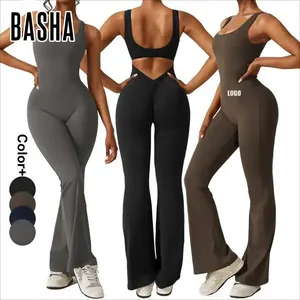 Bashasports loe phòng tập thể dục phụ nữ yoga Jumpsuit Một mảnh Jumpsuit Bodycon Hollow Out V cắt scrunch Workout Yoga bodysuit phụ nữ xà cạp