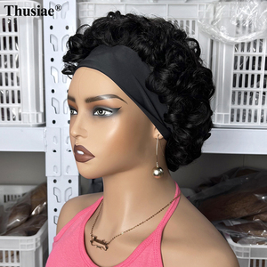 Perruque courte bouclée sans colle <span class=keywords><strong>avec</strong></span> <span class=keywords><strong>bandeau</strong></span>, demi-perruque sans dentelle, fabriquée à la machine, en cheveux humains vierges bruts, prête à porter - Product Image 3