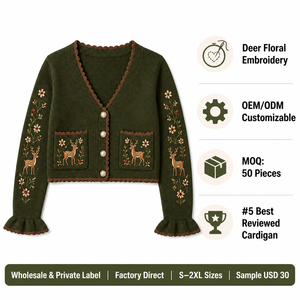 <span class=keywords><strong>Cardigan</strong></span> court personnalisé pour femme, broderie florale cerf, poche plaquée, bordure festonnée, boutonnage, manches longues, vente en gros OEM en vrac - Product Image 4