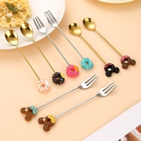 Ensemble cuillère et fourchette à café en acier inoxydable finition miroir, motif donut et sucette, ustensiles créatifs pour desserts