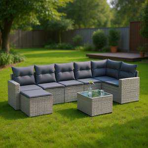 Conjunto de Sofá de Jardín de Ratán Gris, 6 Plazas, Estructura de Acero, Muebles de Exterior, Diseño Contemporáneo - Product Image 2