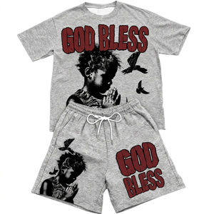 Conjunto de Camiseta y Pantalones Cortos de Punto con Estampado Gráfico God Bless, Ropa Casual Urbana para Hombre, 2 Piezas, Algodón Transpirable Ecológico - Product Image 4