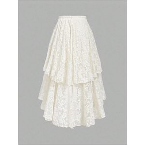 FOXA Women's Floral <b>Lace</b> Long Skirt Asymmetrical <b>Elastic</b> Waist Ruffle Layered Mesh Flowy Boho Vintage Style - Product Image 2