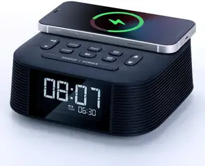 Siyah 10W hızlı USB şarj kablosuz çalar saat radyo hoparlör çift alarmlı uyku zamanlayıcı LCD ekran Dimmer yatak odası için