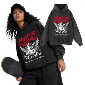 Sudadera Americana Estilo Vintage con Lavado Ácido y Estampado de Ángel Negro, Corte Holgado, Unisex, de Algodón, para Hombre - Product Image 1